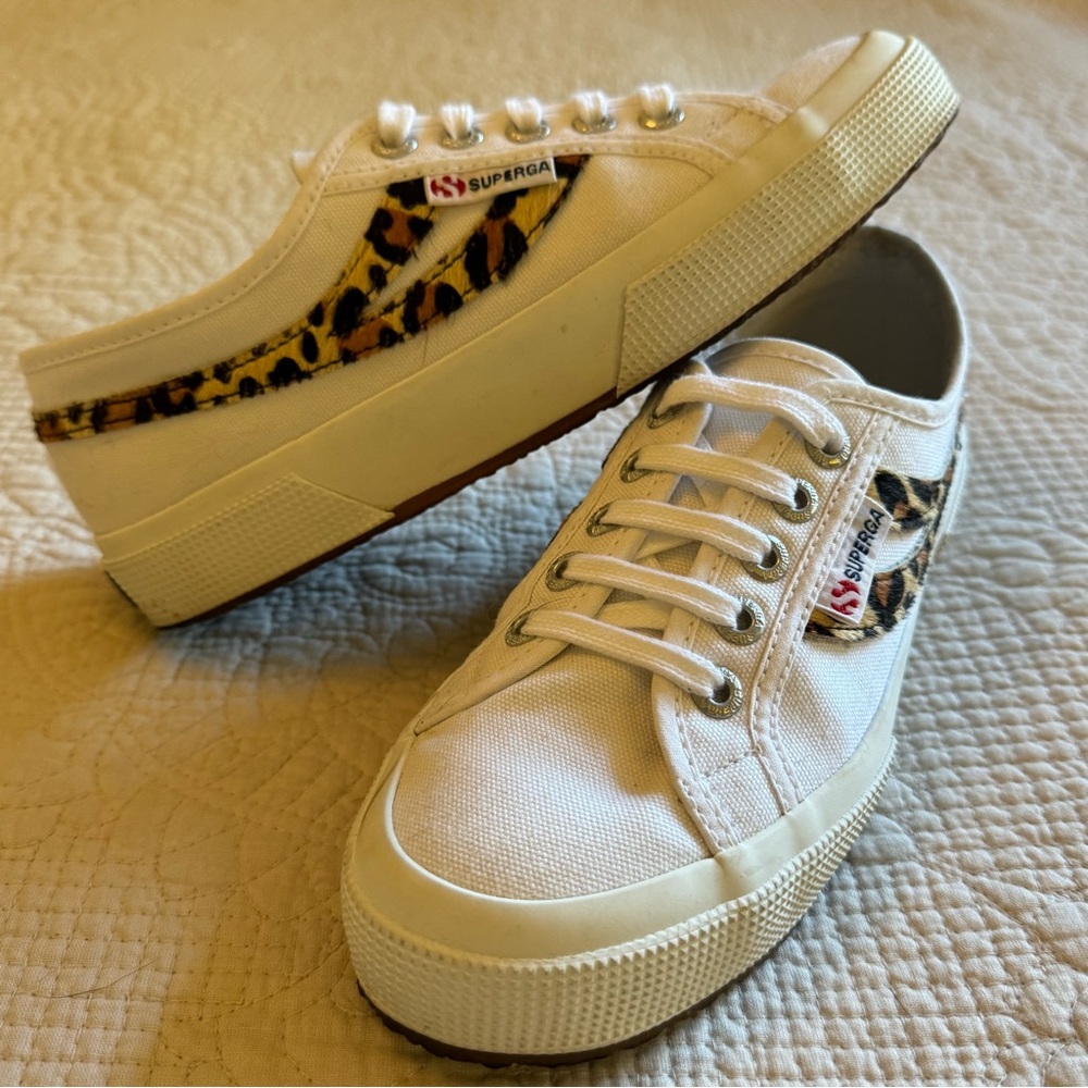 Superga white canvas w/leopard print pony hair sneakers EU size 36